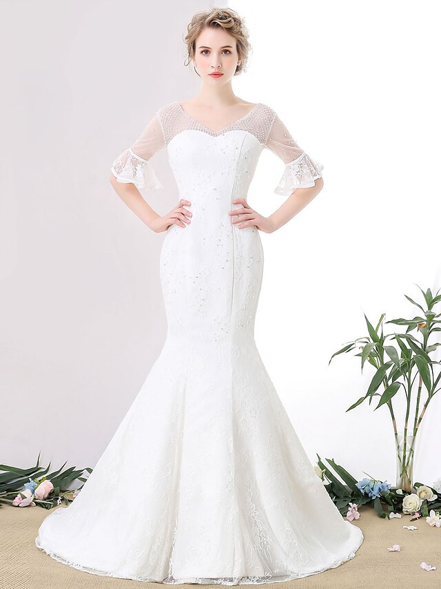  Mermaid / Trumpet V Neck Court Train Lace / Tulle Made-To-Measure Wedding Dresses with Pearl by