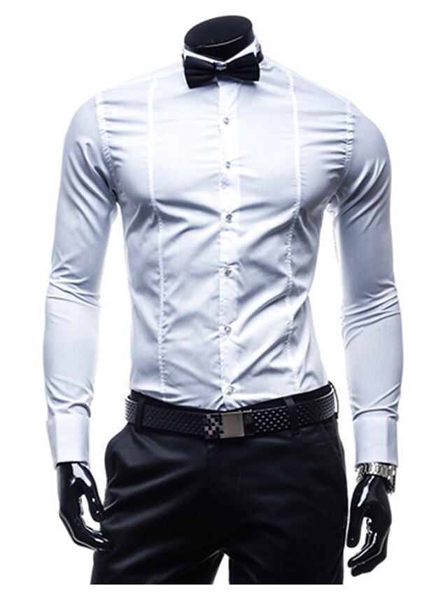  Men's Solid Colored Bow Shirt - Cotton Casual Daily White / Black / Summer / Fall / Stand / Long Sleeve