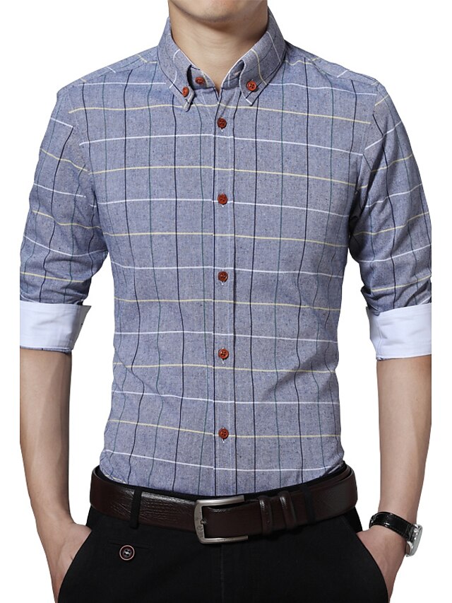  Men's Shirt Plaid / Check Shirt Collar White Gray Rosy Pink Khaki Light Blue Long Sleeve Plus Size Daily Work Tops Business / Fall