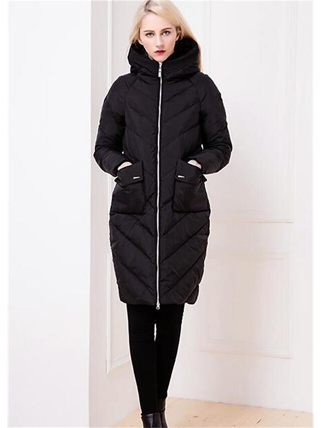  Women's Casual Cotton Long Down - Solid Colored Hooded / Winter