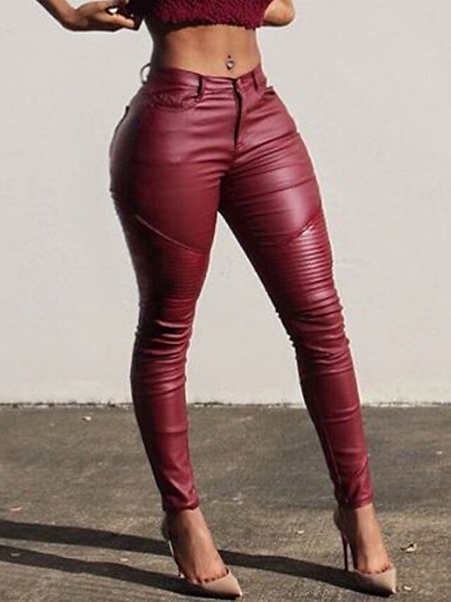  Women's PU Legging Solid Colored Ruched Mid Waist Wine Black S M L
