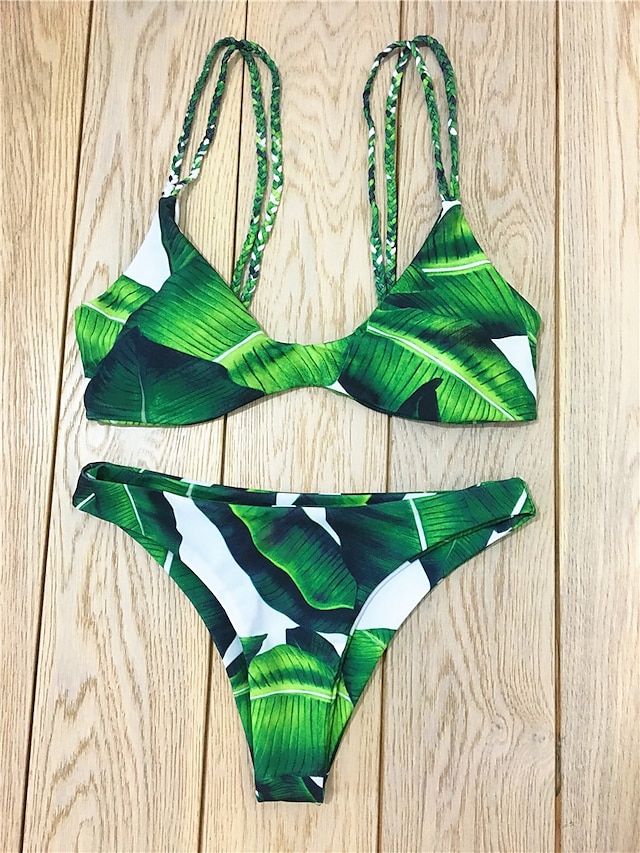  Naisten Uima-asut Bikinit Uimapuku Painettu Kukka Vihreä Olkaimellinen Uimapuvut