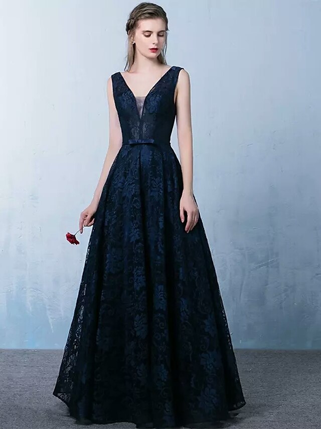  A-Line Beautiful Back Dress Formal Evening Floor Length Sleeveless V Neck Lace with Sash / Ribbon 2022