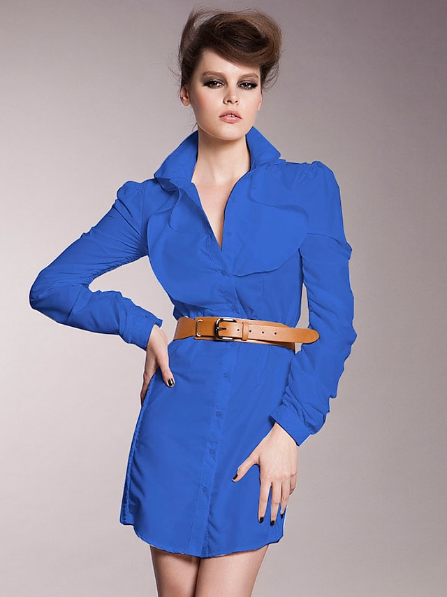  Women's Casual / Daily Work Vintage Sophisticated Shirt Dress - Solid Colored Ruffle Shirt Collar All Seasons Blue
