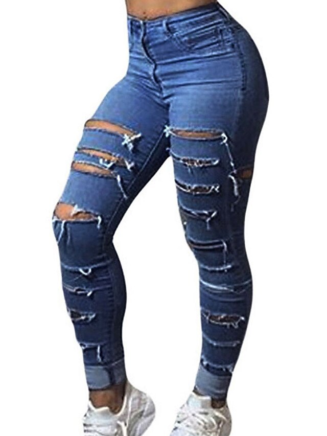  Mulheres Cintura Alta Jeans Calças - Sólido