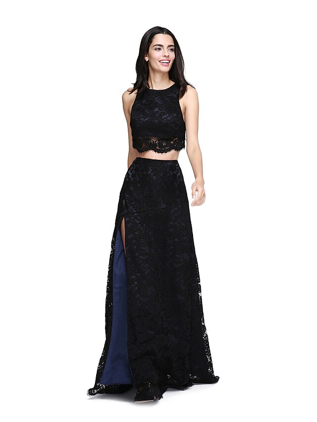  A-Line / Two Piece Jewel Neck Floor Length All Over Lace Bridesmaid Dress with Buttons / Split Front by LAN TING BRIDE®