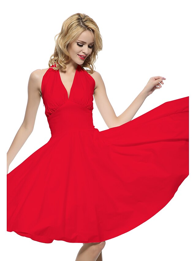  Women's Plus Size Party Vintage A Line Dress - Solid Colored Backless Halter Neck Cotton White Black Red XL XXL XXXL