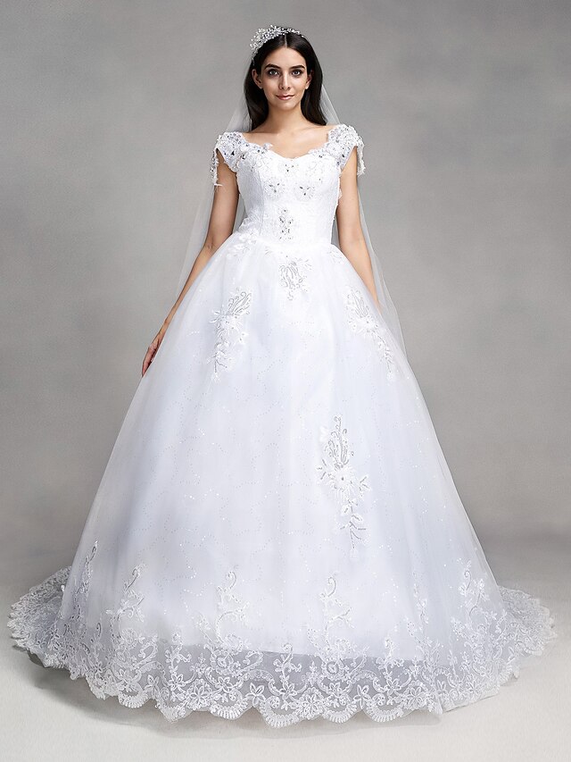  Ball Gown V Neck Chapel Train Lace / Tulle Made-To-Measure Wedding Dresses with Beading / Sequin / Appliques by LAN TING BRIDE®