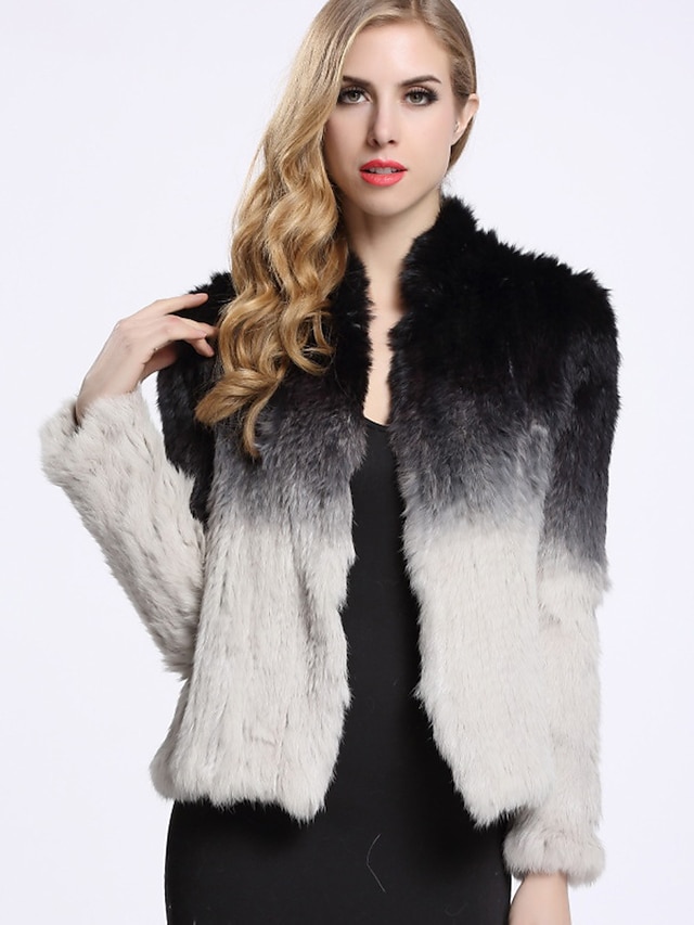  BF-Fur Style  Women's Casual/Daily Simple Fur CoatColor Block Long Sleeve Winter Black Rabbit Fur