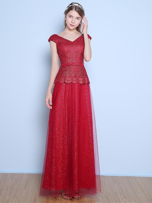  A-Line Elegant Formal Evening Dress V Neck Sleeveless Floor Length Lace Satin Tulle with Sash / Ribbon Bow(s) 2020