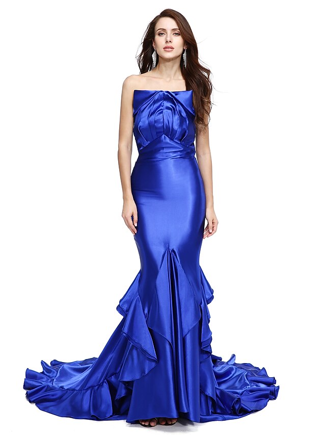  Mermaid / Trumpet Celebrity Style Dress Formal Evening Court Train Sleeveless Strapless Stretch Satin with Pleats Ruffles 2024