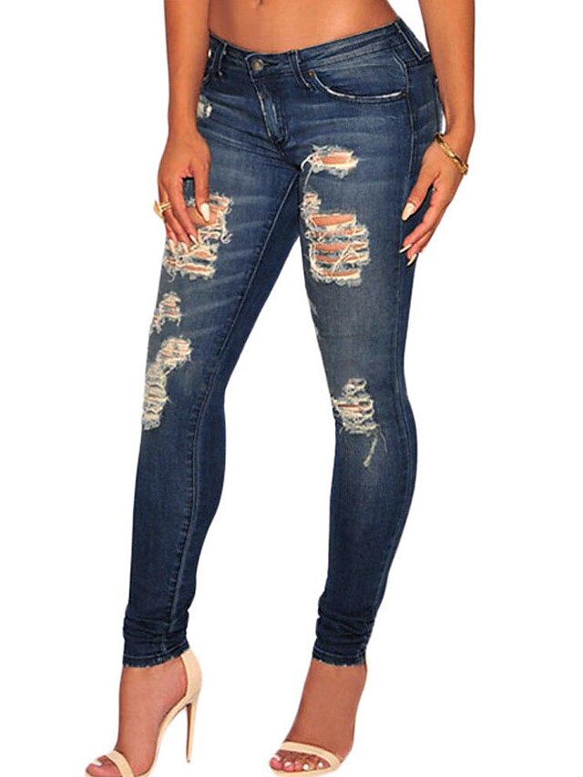  Mulheres Algodão Jeans Calças - Sólido Azul M / Bandagem
