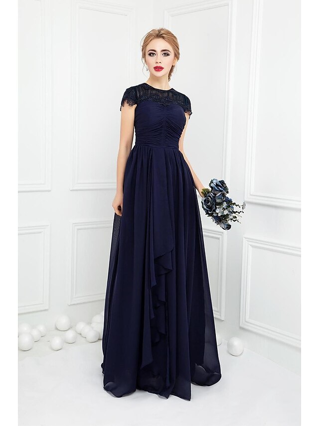  Ball Gown Jewel Neck Floor Length Chiffon / Lace Bridesmaid Dress with Bow(s) / Lace by LAN TING Express