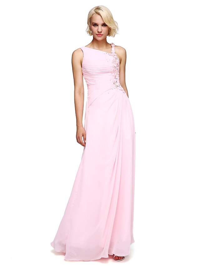  Ball Gown Notched Floor Length Chiffon Bridesmaid Dress with Beading / Flower by LAN TING BRIDE®