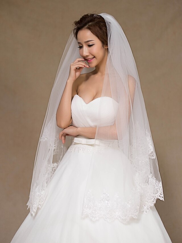  Two-tier Ribbon Edge Wedding Veil Fingertip Veils 53 Tulle