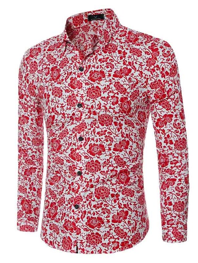  Per uomo Fantasia floreale Camicia Casual Quotidiano Colletto classico Rosso / Blu / Primavera / Autunno / Manica lunga