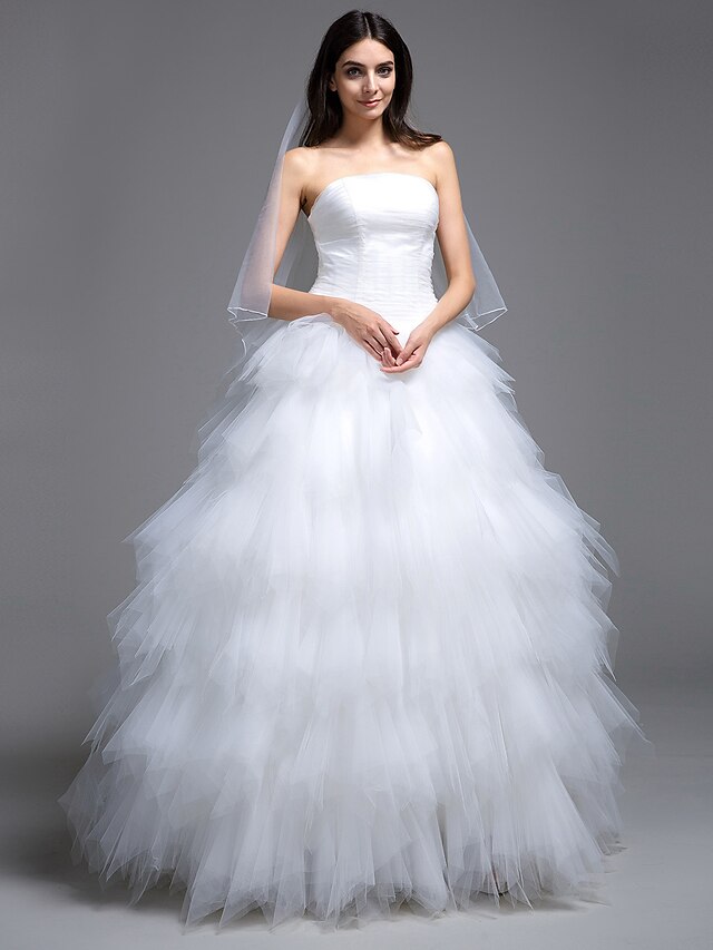  Ball Gown Wedding Dresses Strapless Sweep / Brush Train Tulle Strapless Little White Dress with Ruched Tiered 2020