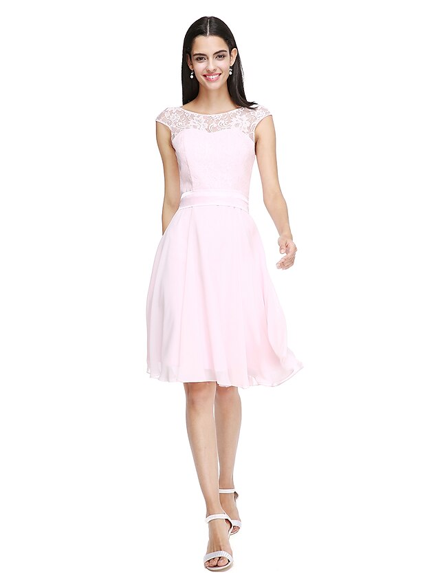  A-Line Jewel Neck Knee Length Chiffon / Lace Bodice Bridesmaid Dress with Sash / Ribbon / Bow(s)