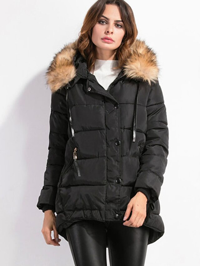 Women's Long Padded Coat,Simple Casual/Daily PrintCotton Polypropylene Long Sleeve Hooded Blue