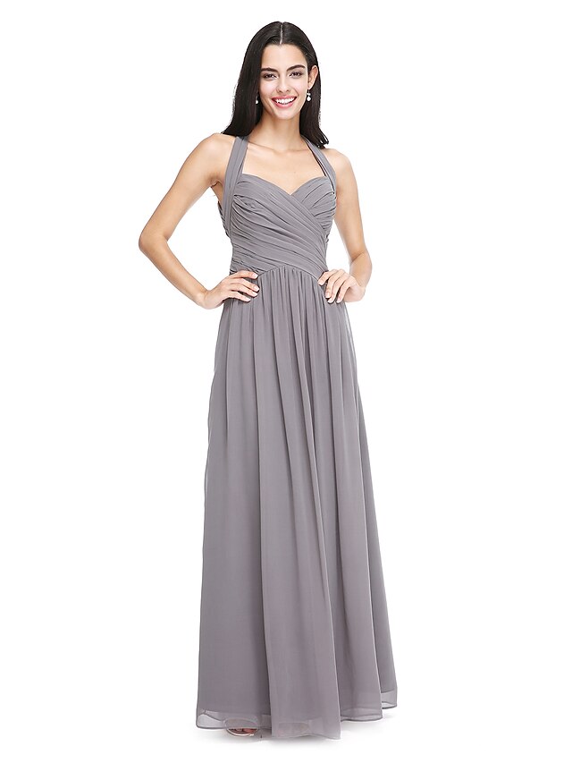  A-Line Bridesmaid Dress Halter Neck Sleeveless Elegant Floor Length Chiffon with Criss Cross / Side Draping 2022