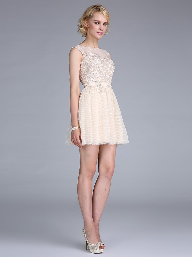 A Line Fit And Flare Illusion Neck Short Mini Tulle Cocktail Party Prom Dress With Beading 