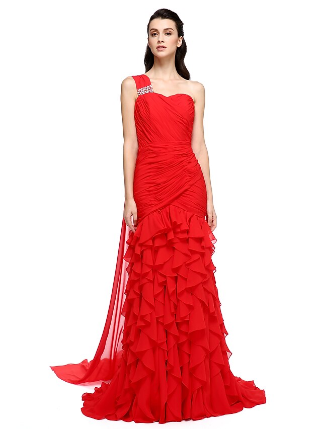  Mermaid / Trumpet Vintage Inspired Formal Evening Dress One Shoulder Sleeveless Chapel Train Chiffon Charmeuse with Beading Ruffles Side Draping 2020