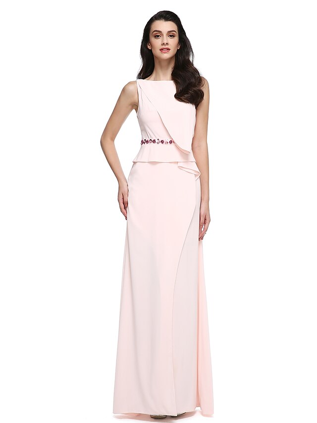  Eng anliegend Elegant Abiball Formeller Abend Kleid Bateau Hals Bateau Ärmellos Boden-Länge Chiffon mit Perlenstickerei Vorne geschlitzt 2020