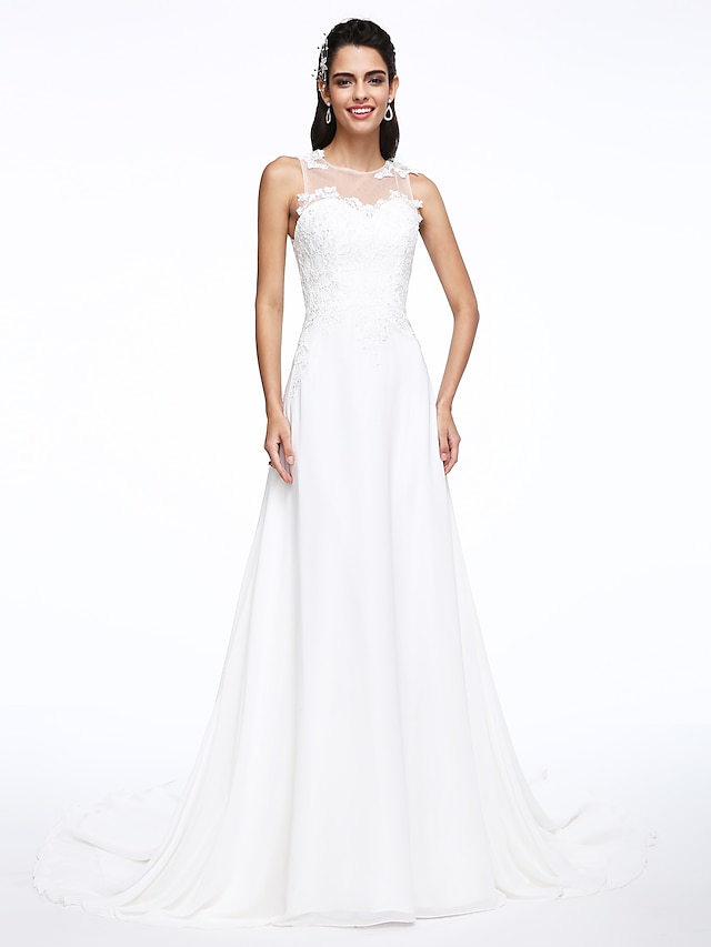  Wedding Dresses A-Line Jewel Neck Regular Straps Court Train Chiffon Bridal Gowns With Appliques 2023 Summer Wedding Party, Women's Clothing