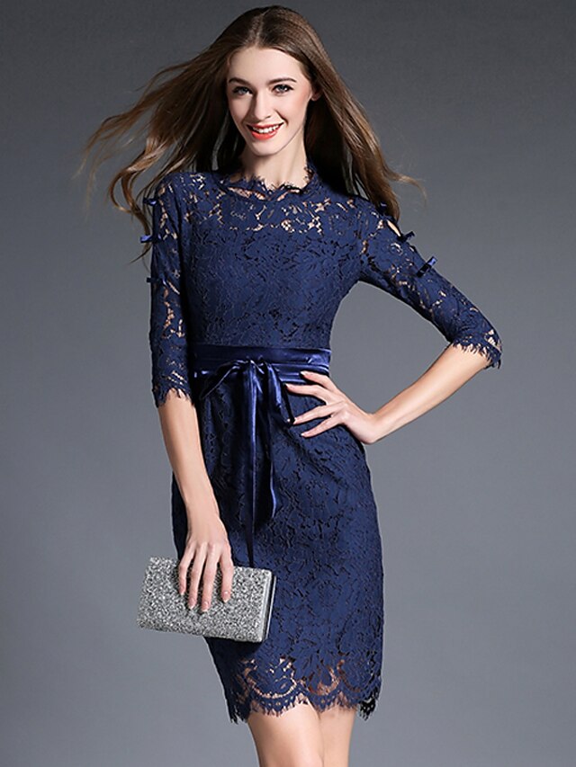  Women's Lace Red Blue Dress Vintage Sophisticated Party Holiday Going out Bodycon Patchwork Turtleneck S M / Cotton