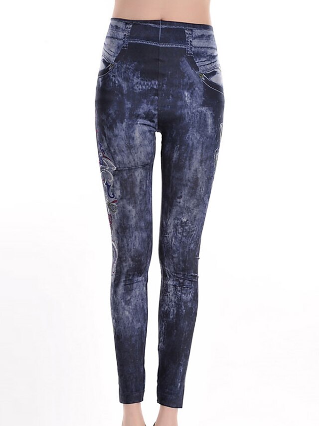  Mulheres Cor Única / Estampada / Denim Legging - Estampado Azul