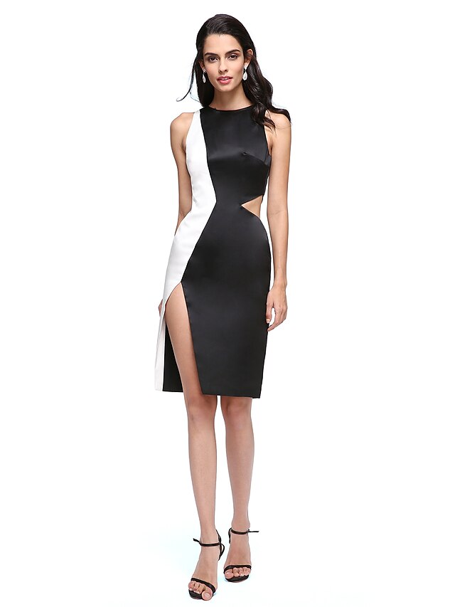  Ίσια Γραμμή Με Κόσμημα Μέχρι το γόνατο Σατέν Μικρό Μαύρο Φόρεμα / Μπλοκ χρωμάτων Κοκτέιλ Πάρτι / Χοροεσπερίδα Φόρεμα με Με Άνοιγμα Μπροστά με TS Couture®