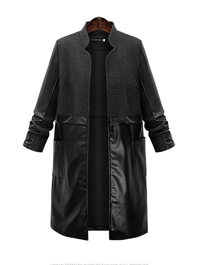  Women's Going out Stylish Leather Pocket Jacket Trench Coat  Stand Long Sleeve Plus Size