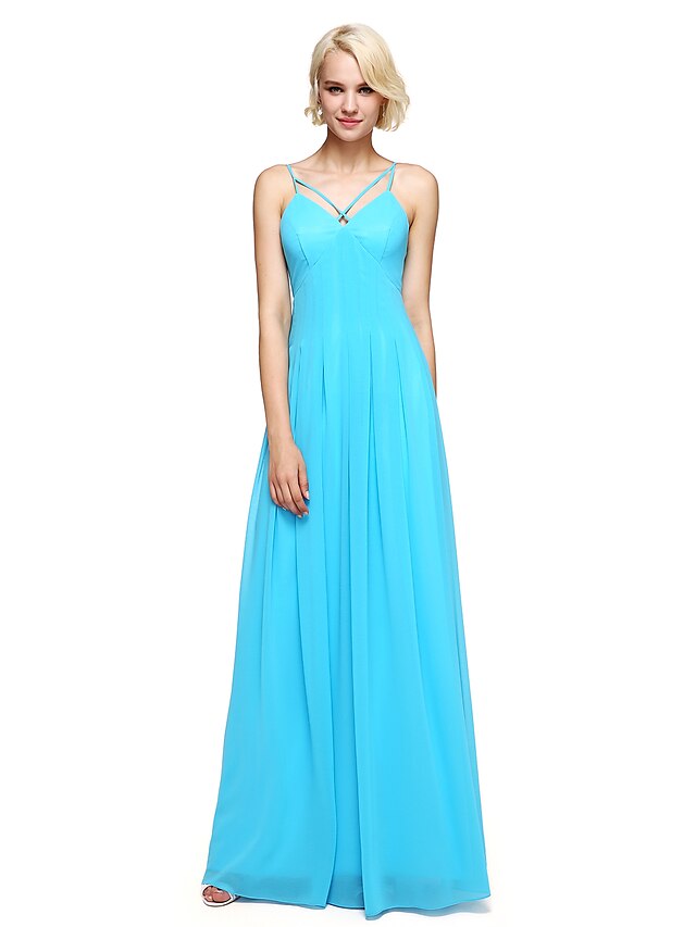  Sheath / Column Spaghetti Strap Floor Length Georgette Bridesmaid Dress with Pleats by LAN TING BRIDE®