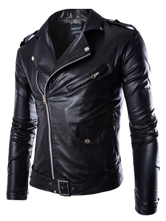  Men's Fall Leather Jacket Daily Sports Punk & Gothic Plus Size Stand Regular Solid Colored Long Sleeve Black M / L / XL
