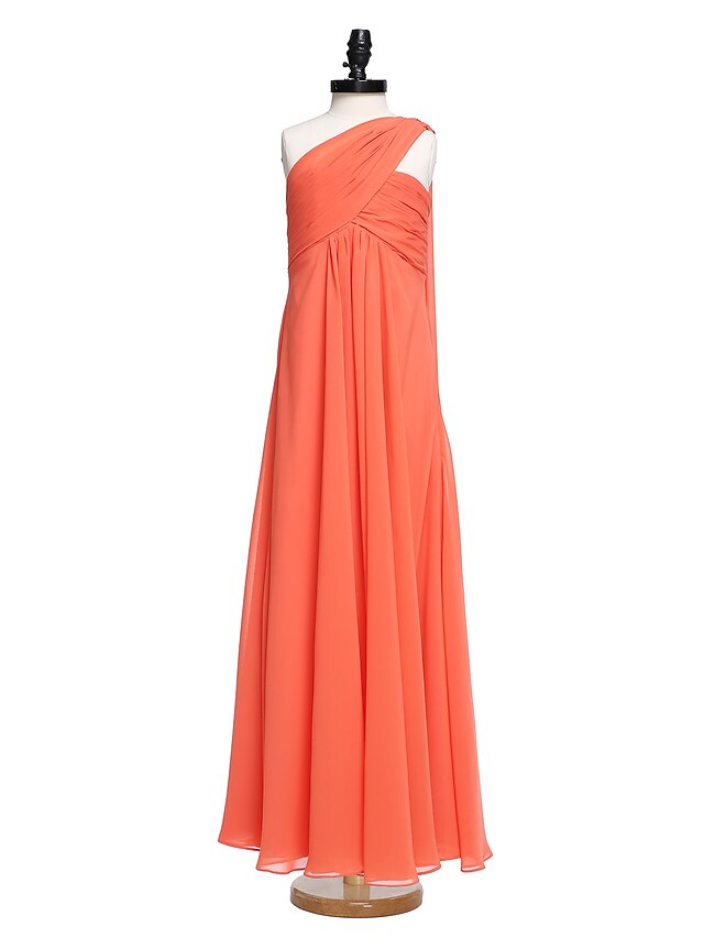  A-Line One Shoulder Watteau Train Chiffon Junior Bridesmaid Dress with Criss Cross / Ruched / Natural