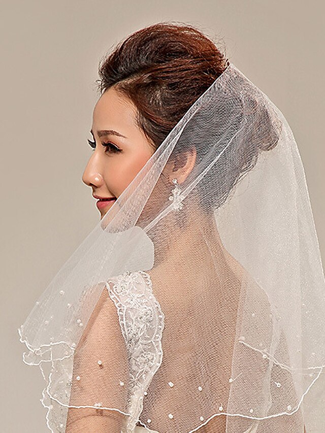  Two-tier Pearl Trim Edge Wedding Veil Fingertip Veils with Pearl Tulle / Classic