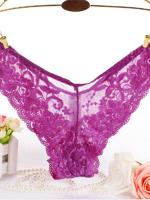  Women's Plus Size Panties Solid Colored Lace Black Purple / Low Waist / Super Sexy / Brief