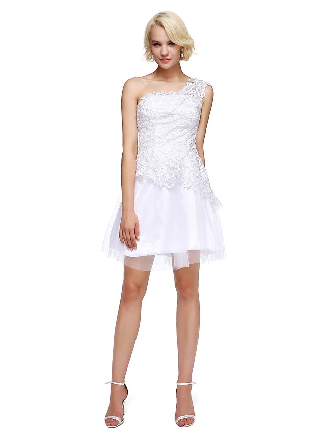  A-Line Cute Dress Homecoming Cocktail Party Short / Mini Sleeveless One Shoulder Lace with Beading 2024