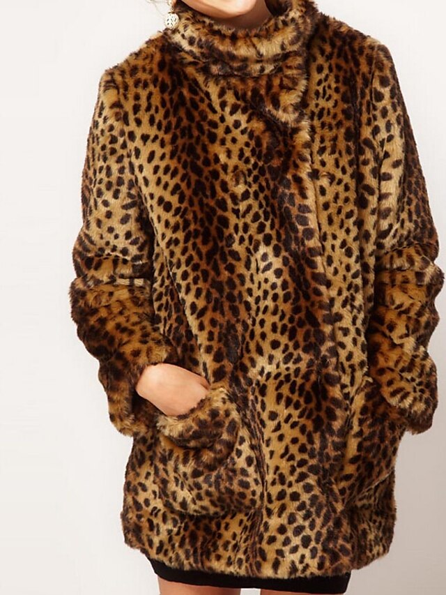  Mulheres Tamanhos Grandes Casaco de Pêlo Vintage / Sofisticado / Moda de Rua - Leopardo, Pêlo Sintético Colarinho Chinês