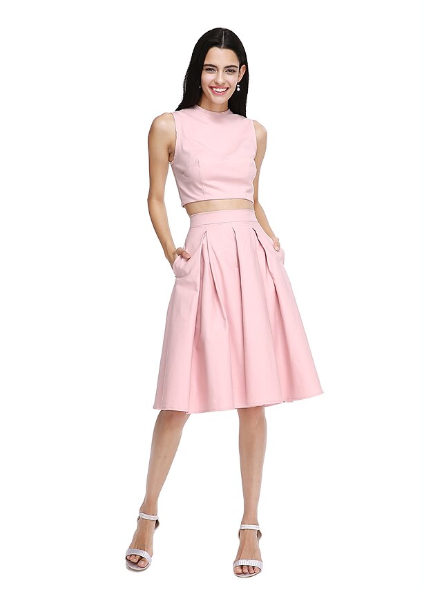  A-Line Bridesmaid Dress Jewel Neck Sleeveless Elegant Knee Length Cotton with Pleats / Pocket 2022