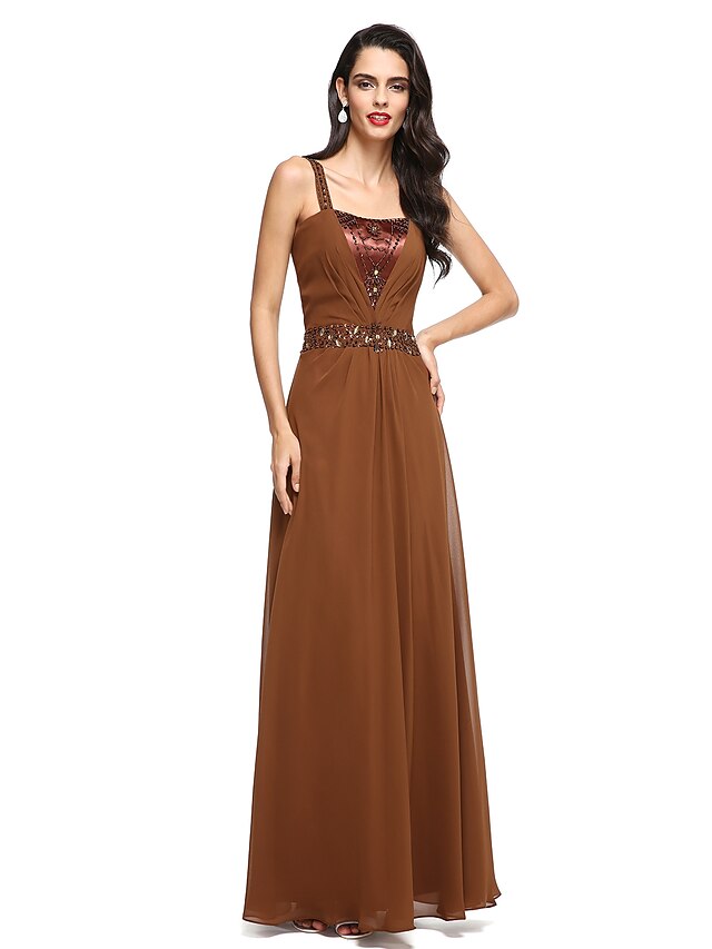  A-Line Elegant Dress Formal Evening Floor Length Sleeveless Straps Charmeuse with Beading Side Draping 2024