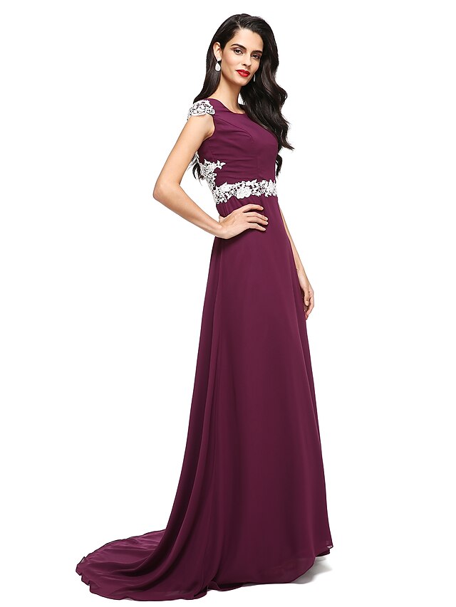  A-Line Color Block Formal Evening Dress Jewel Neck Sleeveless Court Train Chiffon Lace with Appliques 2020