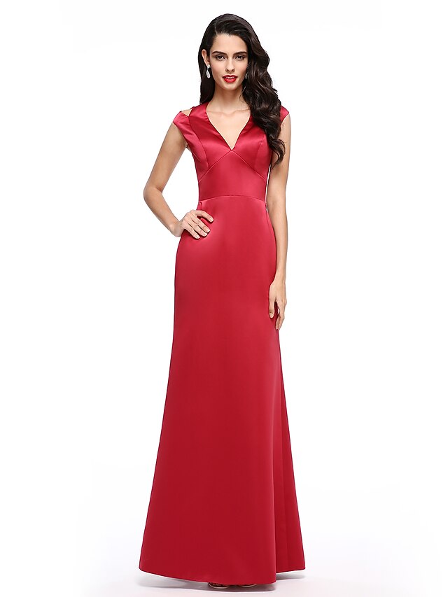  A-Line Cut Out Dress Holiday Cocktail Party Floor Length Sleeveless V Neck Satin with Split Front 2024