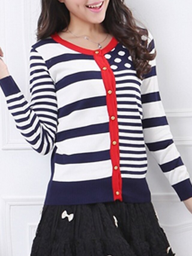  Hot Sale/Women's Daily / Holiday Sexy / Street chic Regular CardiganStriped Blue / Red Round Neck Long Sleeve Cotton Fall / Winter Medium