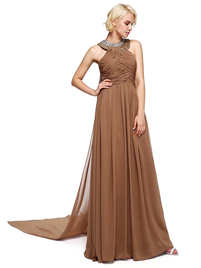  Ball Gown Halter Neck Floor Length Chiffon Bridesmaid Dress with Beading by LAN TING BRIDE®