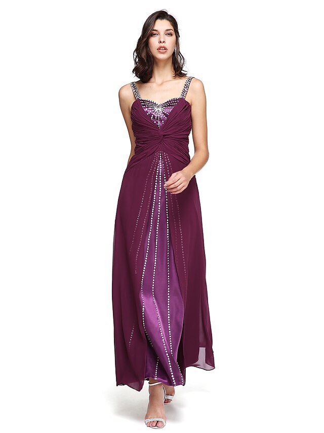  A-Line Sparkle & Shine Dress Formal Evening Floor Length Sleeveless Straps Chiffon with Pleats Beading 2024