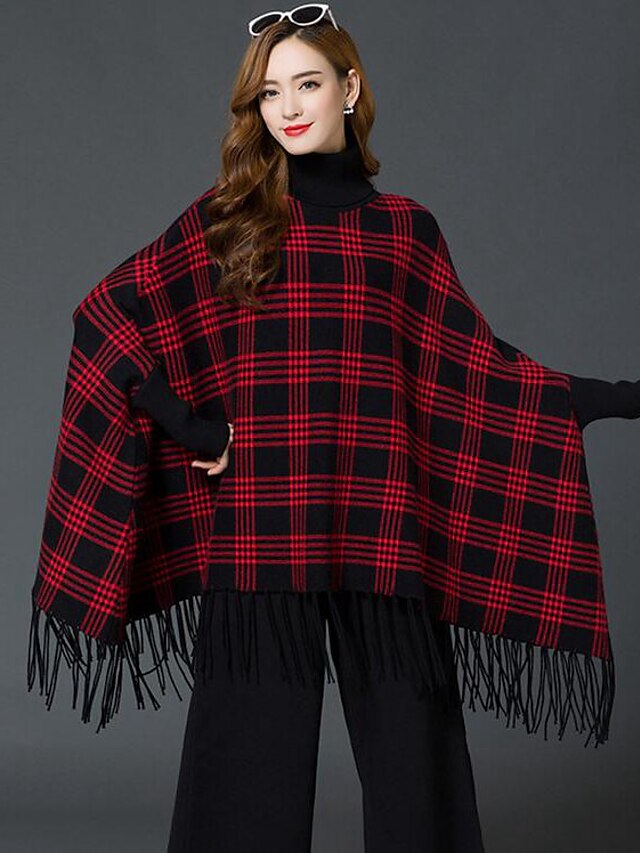  Women's Casual / Daily Street chic Tassel Fringe Plaid Long Sleeve Batwing Sleeve Long Pullover Sweater Jumper, Turtleneck Fall / Winter Rayon Black / Red / Fuchsia