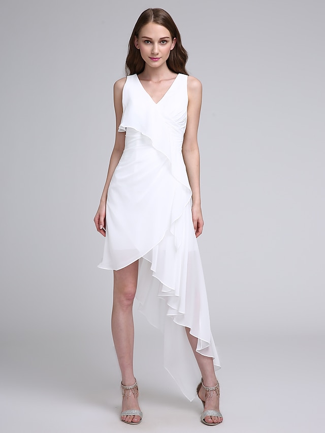  A-Line Bridesmaid Dress V Neck Sleeveless Asymmetrical Chiffon with Pleats 2022