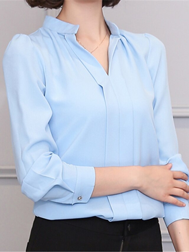  Mujer Camisa Color sólido Escote en Pico Formal Trabajo Manga Larga Tops Blanco Negro Rosa / Manga Farol