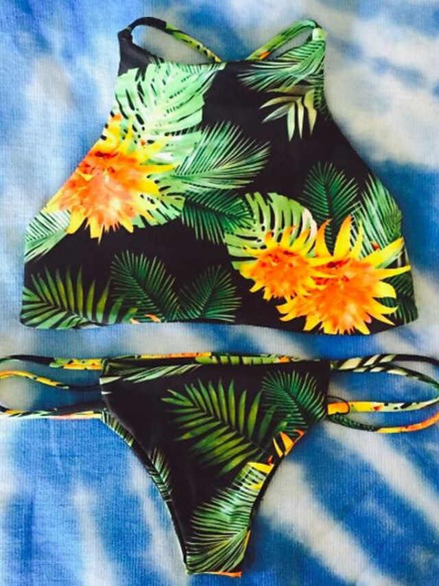  Women's Floral / Geometric Halter Neck Black Bikini Swimwear - Multi Color Print S M L Holiday / Low Waist / Slim